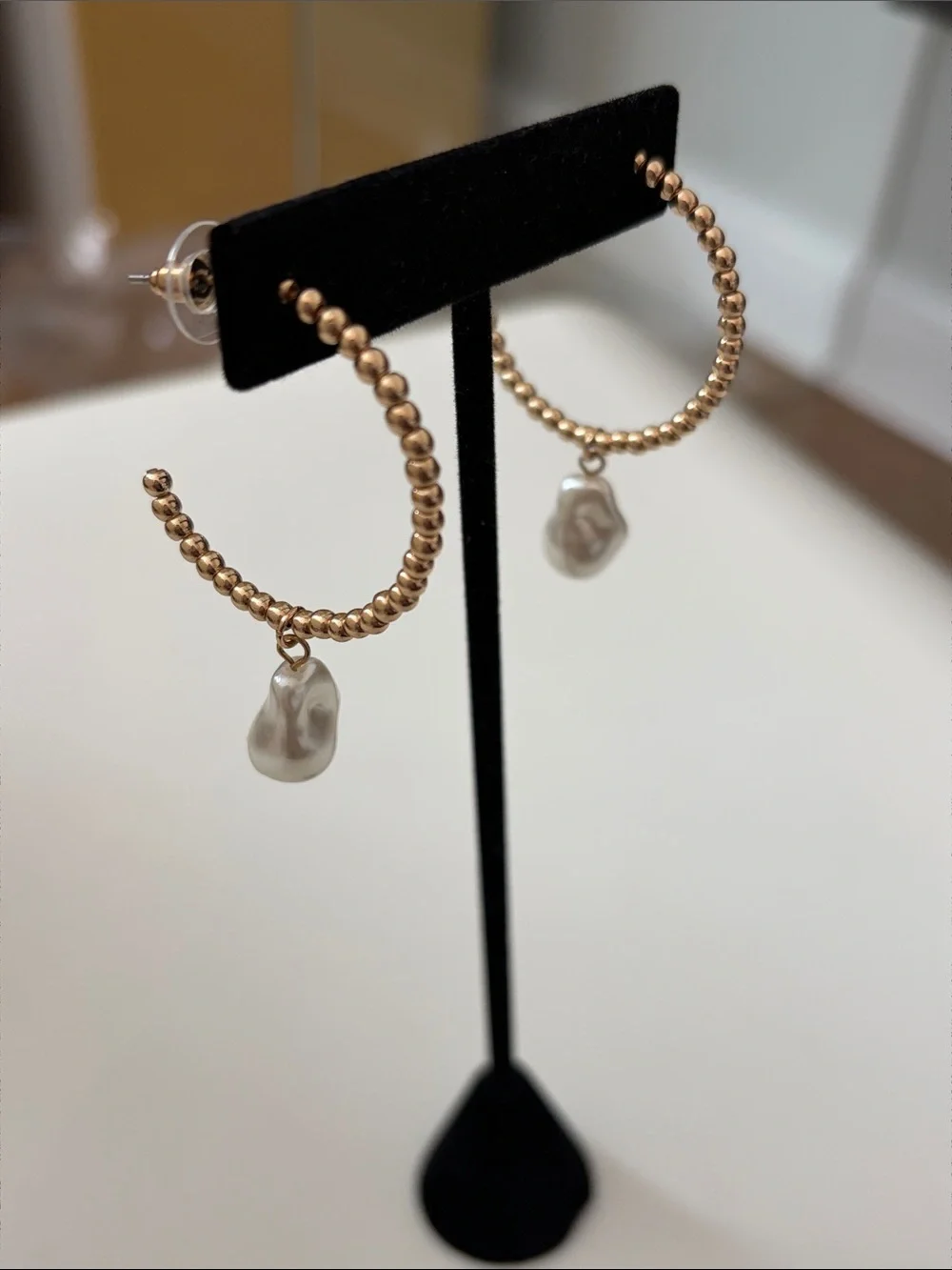 Gold Beaded Hoop Earrings with Cream Baroque Pearl Drops